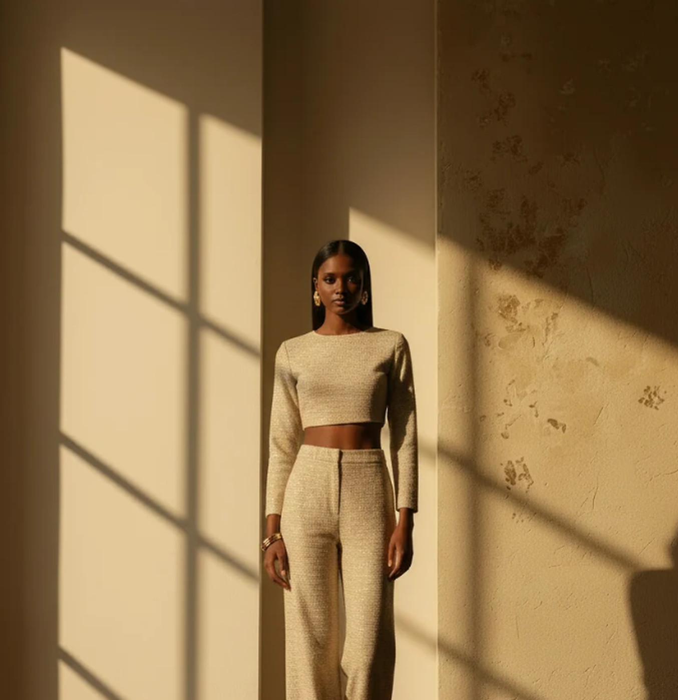 Model in a cream knit crop and wide-leg trousers in warm window light